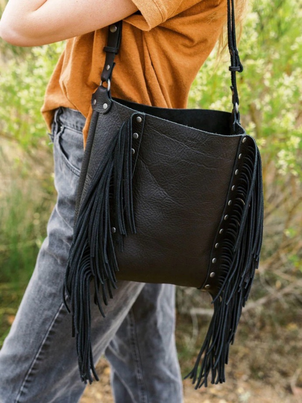 Black Fringe Leather Crossbody Bag